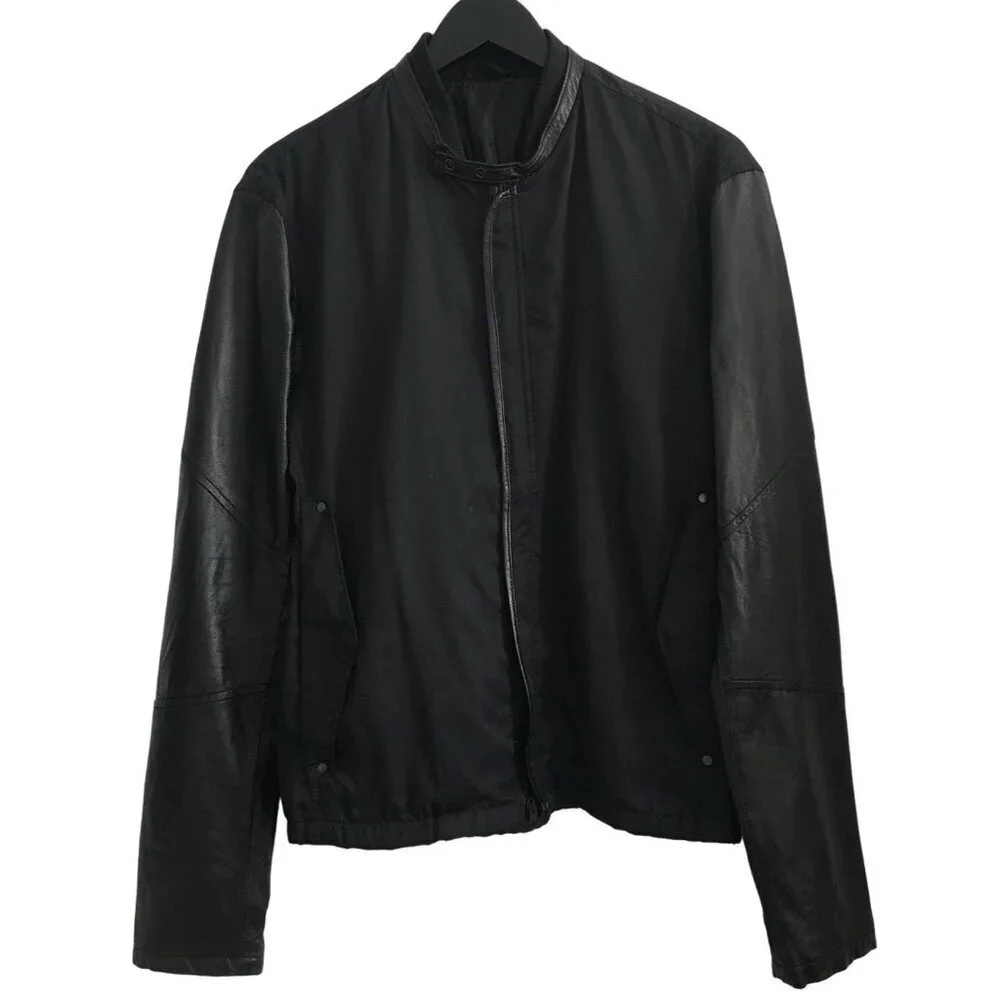 Mens Black Biker Jacket With Faux Leather Sleeves & Zip Closure Size M